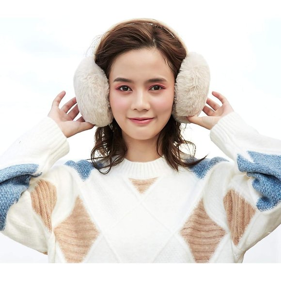 Faux Fur Beige Cute Foldable Warmers Outdoor Winter Ear muffs - Picture 7 of 7